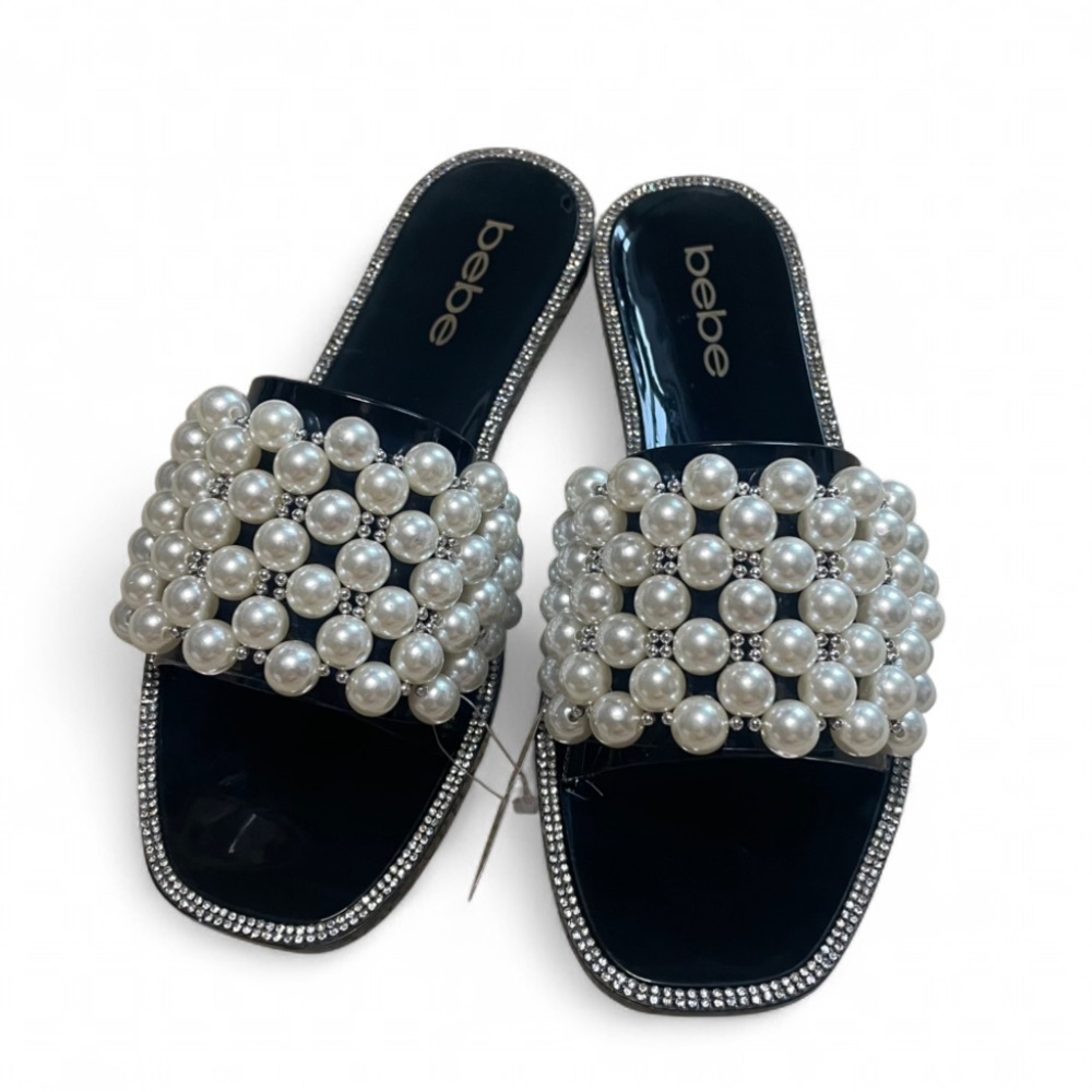 NWT Bebe Pearl and Sparkle Detail Black Sandals Size 8
